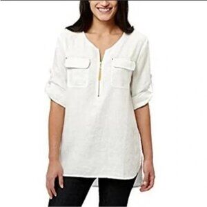 Ellen Tracy Roll Up Sleeve 100% Linen Shirt Off White/Chalk w/Gold Details NWT S